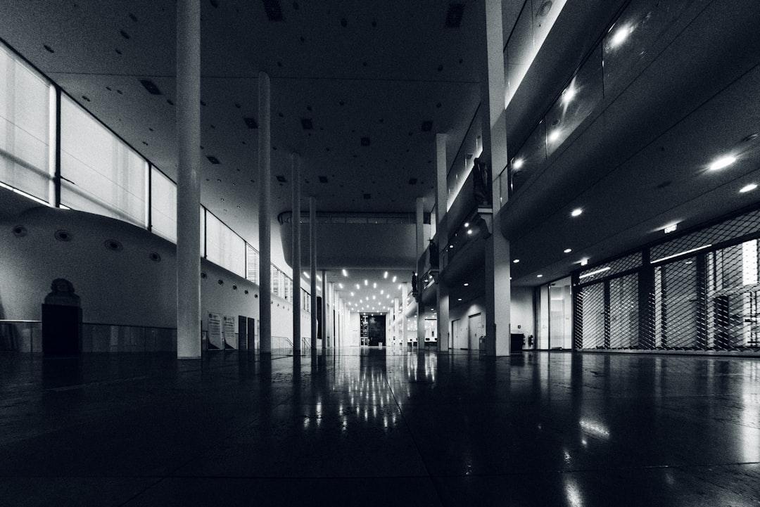 A black and white photo of an empty building